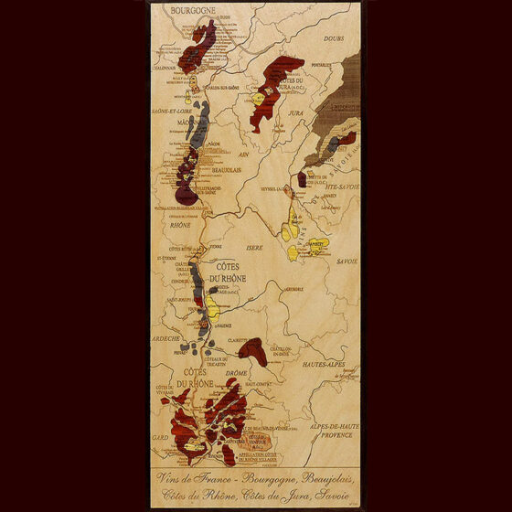 carte des vins du Rhône Beaujolais en marqueterie